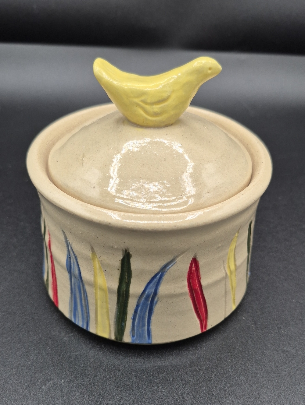 Hand-Painted Pottery Covered Jar with Yellow Bird Knob